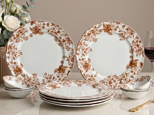 Image of Bodhi House Porcelain Dinner Set 12 Pieces - Brown Leaf | 6 Dinner Plates, 6 Katori Bowls | Premium Crockery Set for Dining, Kitchen & Gifting