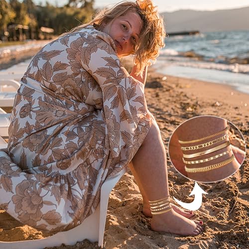 Image of Plus Size Gold Ankle Bracelets for Women Big Ankles, Adjustable Ankle 14K Real Gold Plated Cuban Link Chain Figaro Snake Herringbone Extra Large Anklet Bracelets,Summer Beach Foot Jewelry 10-12inch