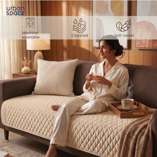 Image of Urban Space Velvet Embroidery Quilted Sofa Cover mat, Premium 1 Seater Non-Slip Sofa slipcover, Easy Care & Machine Washable, Seat Runner for Couch for Living Space (1 Seater - Honeycomb Beige)