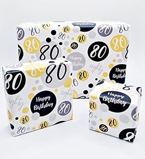 2 Sheets 80th Birthday Wrapping Paper Age 80 Birthday Gift Wrap Paper Male/Female Gold Black and Silver (PA)