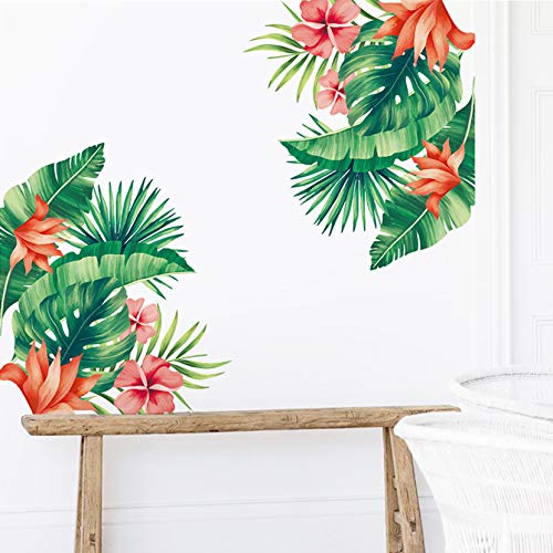 Molancia Tropical Hibiscus Flower Wall Decals,Nature Palm Tree Leaf Plants Wall Sticker Art Murals,Removable Green Tropical Plants Tree Leaves Stickers For Living Room Kids Nursery Room Wall Art Decor #TOP3