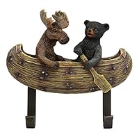 Ebros Whimsical Forest Creek Buddies Rustic Black Bear and Elk Moose Rowing Boat Canoe 2 Pegs Wall Hooks 7\" Wide Hanger Bears Deers Elks Wall Mount Coat Hat Keys Hook Decor Hanging Sculpture Plaque