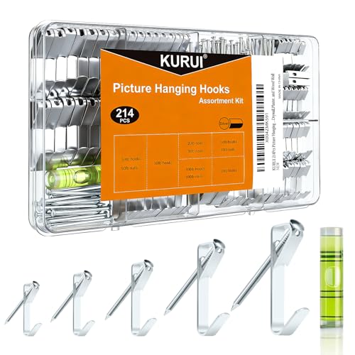 KURUI 214Pcs Picture Hanging Hooks, Renter Friendly Picture Hanging Kit with Heavy Duty Picture Hangers and Hardware Nails, for Frame, Painting, Art and Photo, on Drywall,Plaster, and Wood Wall