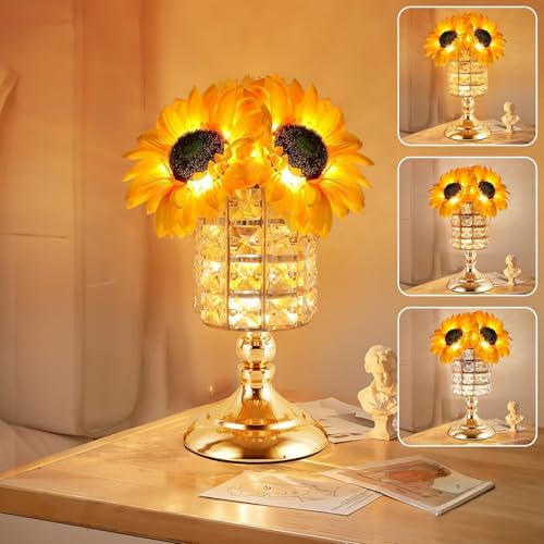 Sunflower Lamp,Portability Rechargeable Touch Table Lamp,10+ Hours Runtime&3-Colour Infinitely Dimming Sunflower Crystal Table Lamp,Eye Care Small Night Light for Bedside Lamp,Gifts for Women