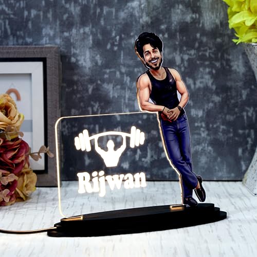 Image of customized gift for men - Bodybuilder Caricature with LED Acrylic Name Plate, Gym Sando Style Personalized 3D Standee.