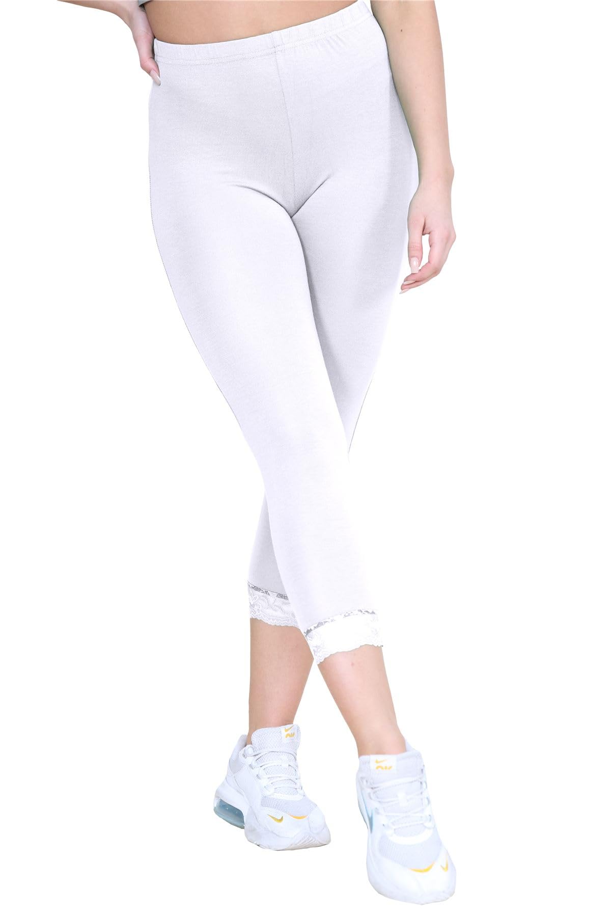 Hamishkane Ladies Plain Lace Trim Stretchy 3/4 Length Capri Jegging Crop Leggings Pants White