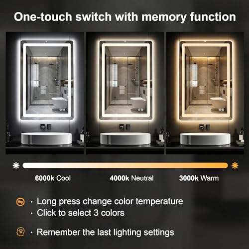 Image of LED Bathroom Mirror with Lights, 24 x 36 Lighted Vanity Wall Mirror | Backlit and Frontlit, Anti-Fog, Dimmable 3 Colors, Shatter-Proof Tempered Glass, Memory Function, Plug-in /Hardwired