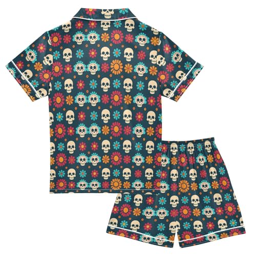 ALAZA Sugar Skull Flower Blue Satin Pajamas Set Short Sleeve Button Down Sleepwear Summer Pjs 2 Piece2