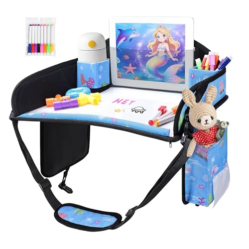 Image of Kids Travel Tray for Car Seat, Road Trip Essentials for Toddler, Carseat Lap Tray with Dry Erase Board & Storage Organizer for Activities, Bluish Violet