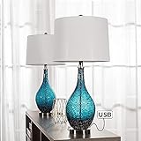 Maxax USB Table Lamp Set of 2, 3-Way Dimmable Glass Bedside Desk Lamp with USB Charging Port, 28' Modern Nightstand Lamp for Living Room Bedroom Coffee Table, Deep Blue Finish (ETL Certified)