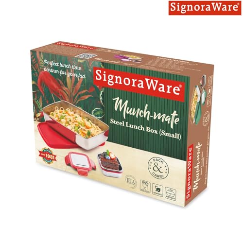 Image of SignoraWare Munch Mate Stainless Steel Lunch Box | Airtight & Leakproof | Durable & Compact | Easy to Carry | Ideal Tiffin for Office, School, Kids & Travel (550ml + 130ml | Red)