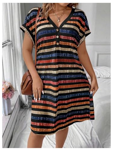 Image of SOLY HUX Women's Plus Size Summer Dresses Short Sleeve Striped Sundress V Neck Beach Vacation Short Dress