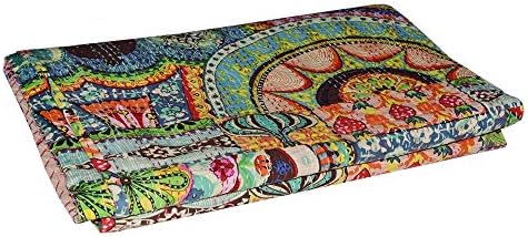 Mudit Crafts Indian Traditional Kantha Quilt Throw Blanket Flower & Floral Print Bed Spread Sheet Handmade Pure Cotton Hippie Boho Patchwork Quilt Bedding Size 90 X 60 Inch (Multi Floral)