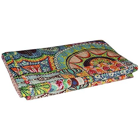 Mudit Crafts Indian Traditional Kantha Quilt Throw Blanket Flower & Floral Print Bed Spread Sheet Handmade Pure Cotton Hippie Boho Patchwork Quilt Bedding Size 90 X 60 Inch (Multi Floral) Cover