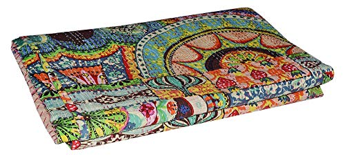 Mudit Crafts Indian Traditional Kantha Quilt Throw Blanket Flower & Floral Print Bed Spread Sheet Handmade Pure Cotton Hippie Boho Patchwork Quilt Bedding Size 90 X 60 Inch (Multi Floral) #TOP1