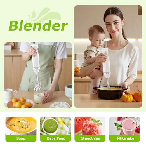 Bonsenkitchen Hand Blender, Immersion Blender with 2 Mixing Speed, 4-In-1 Stainless Steel Handheld Stick Mixer with Egg Whisk, Beaker & Chopper Bowl, for Baby Food, Soups, Smoothies, White