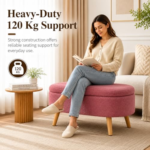 Image of Upholstered Ottoman Storage Bench, Premium Boucle Fabric, Heavy Duty 120 Kg Load Capacity, Multipurpose Seating for Living Room & Bedroom, Blush Pink