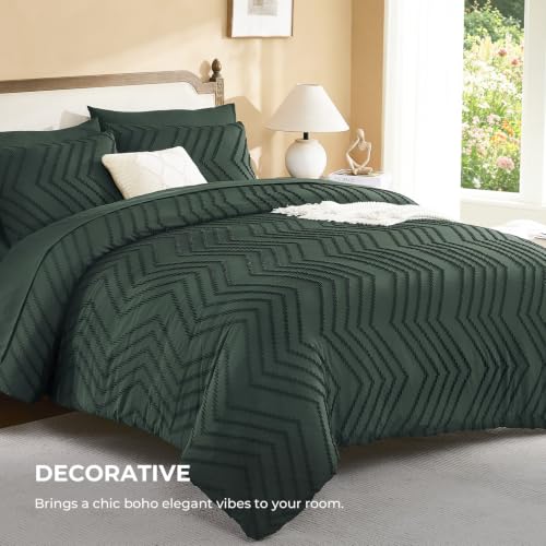 Image of Litanika Forest Green Queen Size Comforter Set with Sheets - 7 Pieces Bed in a Bag Queen Boho Tufted Complete Bedding Sets with Comforter, Sheets, Pillowcases & Shams