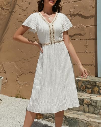 Image of Women's V Neck Short Sleeve Boho Dress Summer Casual Jacquard Pattern Midi Dress Beach Flowy Wedding Guest Dress