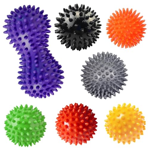 Lot de 7 balles de massage avec picots/frisés - Balles de fascia dures pour les pieds, le dos, les mains et les jambes - Aide à détendre les muscles avec...