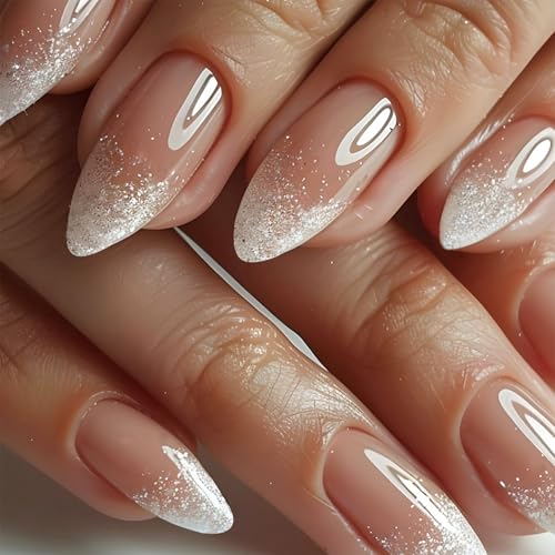 IQXGE Acrylic French Tip Press on Nails Almond Medium Acrylic Nails Press Ons Full Cover Glue on Fake Nail with Silver Glitter Designs Nude Ombre French Artificial False Nail Tips for Women