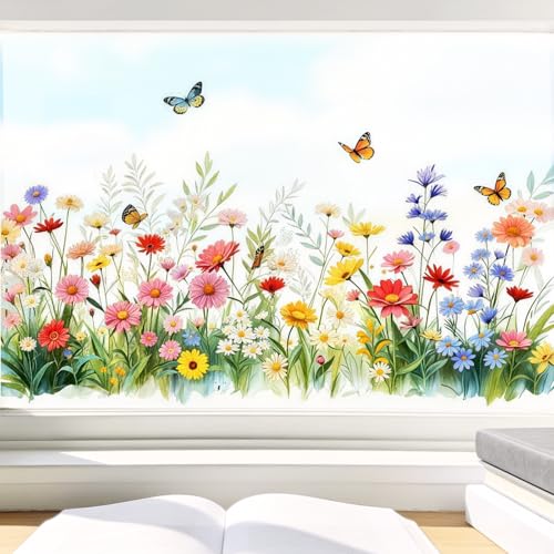 3 Sheets Flower Window Clings Spring Summer Anti-Collision Decals Double Sided Wildflower Meadow Static Stickers for Home Glass Doors (Daisy and Flower)
