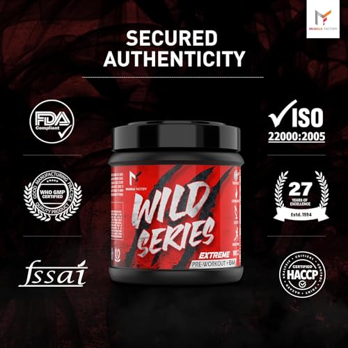 Image of MUSCLE FACTORY Wild Series Ultimate Pre-Workout Formula | Extreme blend with EAA for Energy, Strength, Mental Focus & Powerfull Pumps | (100gms - 20 servings) - Blood red with Free Shaker