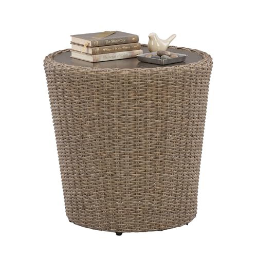 Signature Design by Ashley Danson Outdoor Round End Table, Rust-Free Powder Coated Aluminum Frame, Weather Resistant Handwoven Resin Wicker Side Table with Solid Metal Top, Casual Style, Beige/Brown