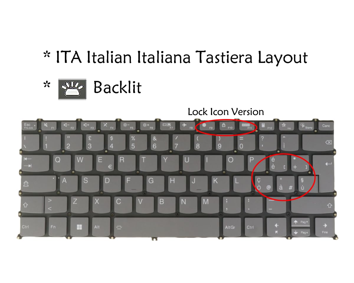 Tastiera di ricambio per computer portatile Lenovo V14 G2 IJL, V14 G2-ALC, V14 G2-ITL, V14 G3 ABA, V14 G3 IAP, V14 G4 AMN, V14 G4 IAN, V14 G4 IRU, retroilluminata, grigia (layout italiano italiano