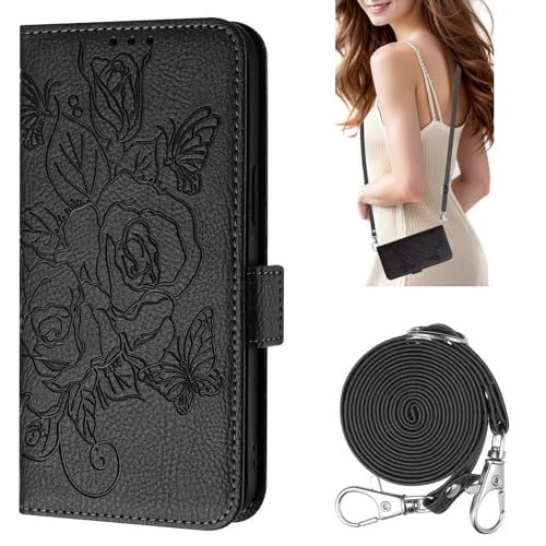 Rnrieyta Miagon Custodia Crossbody per iPhone XR,Fiore Rosa Flip Cover Libro Magnetica RFID Blocking Portafoglio Carte Credito PU Pelle Tracolla Cinturino Case