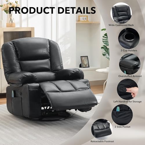 Image of Oversized Manual Swivel Recliner Chair for Adults, 360 Swivel Rocker Glider with Vibration Massage & Heat, Extra Wide Chenille Fabric Lazy Chair for Living Room Bedroom, Black PU