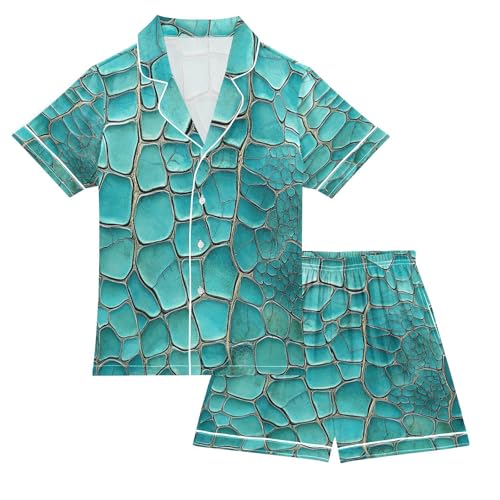 Satin Pajama Sets Short Sleeve Crocodile Alligator Button Down Silky Nightwear 2 Piece PJS 5-14Y