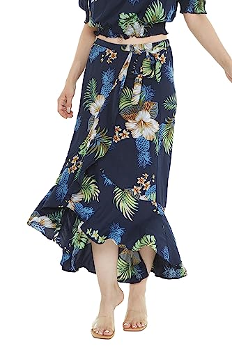 Matchable Women's Hawaiian Print Smock Top and Wrap Ruffle Skirt in Pineapple Garden Navy2