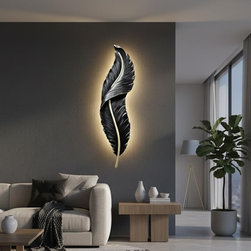 Image of Resin Antique 900MM Feather Wall Sconce|Snowy Quill Decorative Wall Light for Living Room, Hallway, Kitchen & Office- Warm White, Cool White, Natural White (Black+Golden)