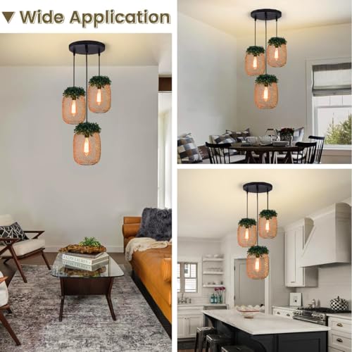Image of Groeien 3-Light Industrial Gold Finish Metal Mesh Leaf Hanging Pendant Ceiling Lamp Fixture | Chandelier for Home, Indoor, Outdoor,Living Room, Bedroom(Bulb Included)