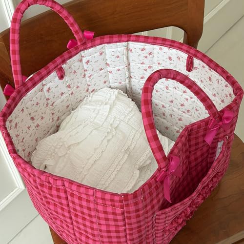Image of Quilted Fabric Basket Car Storage Basket Boho Floral Laundry Hamper for Nursery Bedroom & Living Room | Organize Clothes Toys (Hot Pink Gingham Check)