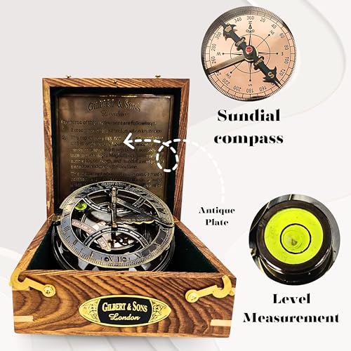 Brass Sundial - 5 inches Large Sundial Compass in Rosewood Case Top Grade Calibrated Vintage Gift