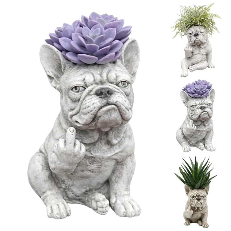 LKHYUKU Funny French Bulldog Planter Pot, Resin Dog Statue Succulent Planter, Middle Finger Gesture Decorative Sculpture for Home Garden Office Desk Decor, Unique Gift for Dog & Plant Lovers，B