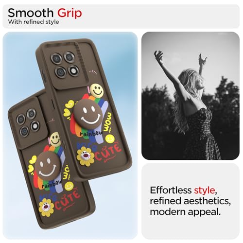 Image of Pikkme Back Cover for OnePlus 11 5G | Soft Silicone| Cute Rainbow Smile & 3D Cartoon Flower Design | Shockproof Raised Camera Protection Bumper Case (Brown)