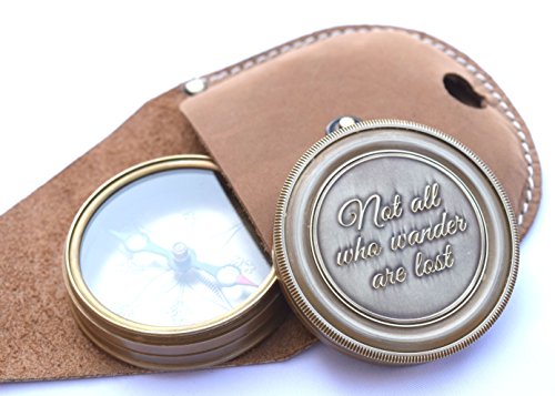 NEOVIVID Not All Who Wander are Lost Engraved Brass Compass with Leather Case, Pirates Compass, Magnetic Navigational Instrument - Thumbnail 2