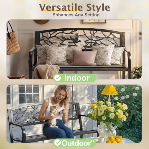 Image of VINGLI Outdoor Bench for Patio Metal Garden Bench w /PVC Back Pattern, Black Park Benches Front Porch Benches for Yard Lawn Decor Deck Entryway (Black-Bird)