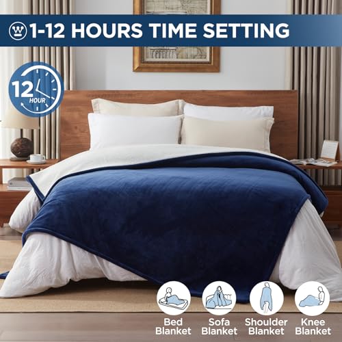 Westinghouse Electric Blanket Full, Heated Blanket Full Size with 10 Heating Levels and 1 to 12 Hours Heating Time Settings, Flannel to Sherpa Reversible, Machine Washable (80" x 84", Navy)