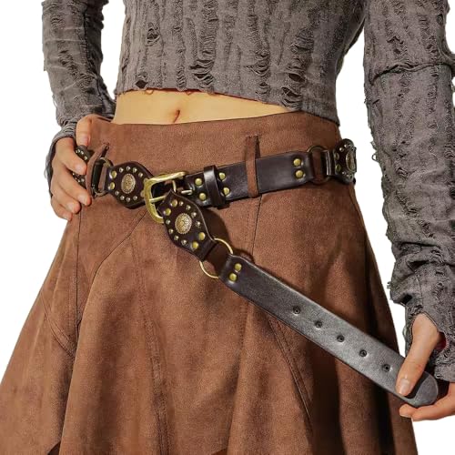 Brown Western Belts for Women Cowgirl Y2K Studded Leather Concho Chain Belt Wide Boho Disc Vintage Country Belts for Dresses Jeans, Fit Waist up to 34"2
