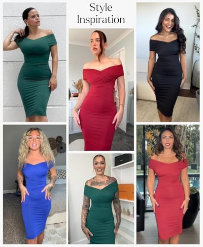 Image of Popilush Women's Shapewear Midi Dress Off Shoulder Wrap V Neck Formal Wedding Guest Cocktail Dresses Bodycon Evening Gowns