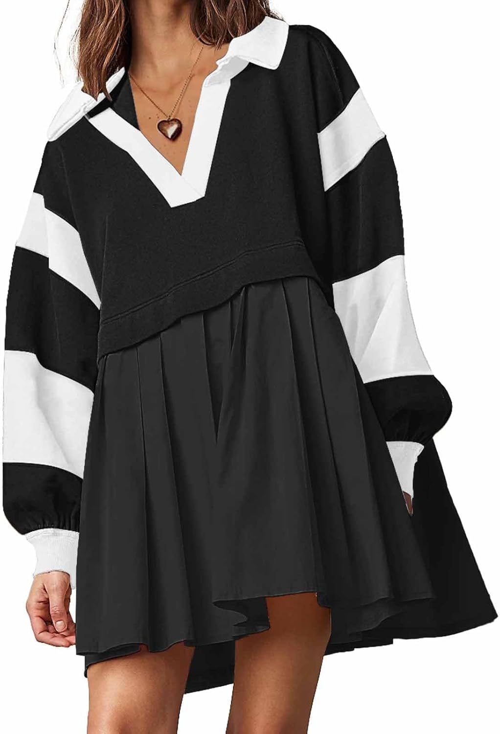 SAUKOLE Women’s Oversized Casual Sweatshirt Patchwork Dress Fall Long Sleeve Trendy Lapel Neck Pleated Mini Dress