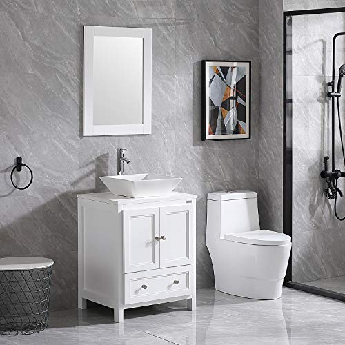 Wonline 24” White Bathroom Vanity Wood Cabinet Square Sink Combo Top Ceramic Vessel Sink Chrome Faucet Drain With Mirror Vanities Set #TOP6
