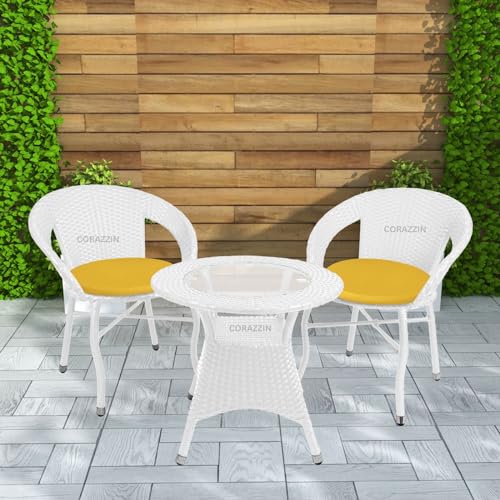 Image of Rattan Wicker Garden Patio Seating Chair and Table Set for Outdoor Balcony Garden Coffee Table Set Furniture with 1 Table and 2 Chair with Yellow Cushion (White)