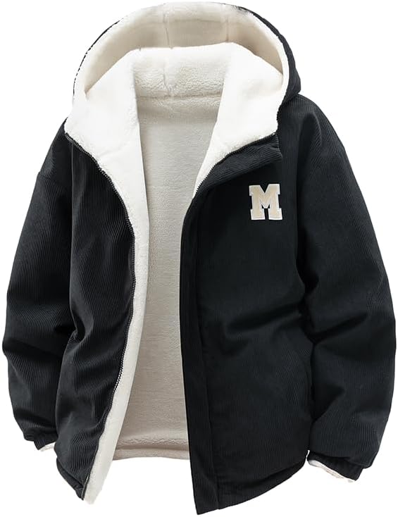 Unisex reversible corduroy winter jacket with warm snow leopard fleece lining