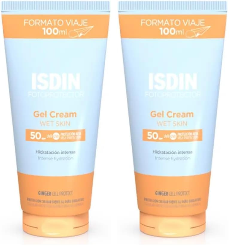 ISDIN Fotoprotector Gel Cream SPF 50+ refrescante, formato viaje, hidratante, rápida absorción, resistente al agua - 100 ml, El ambalaje puede variar (Paquete de 2)