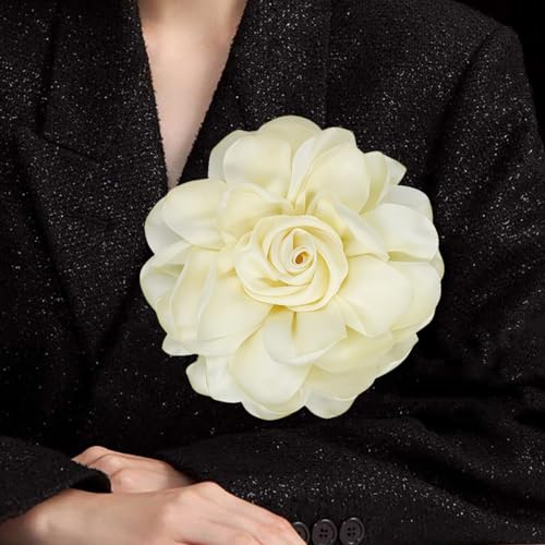 Image of Extra Large Satin Fabric Flower Brooch for Women Elegant Rose Camellia Floral Brooch Pin Handmade Big Satin Fabric Flower Statement Brooch Pin Vintage Clothing Hat Bag Accessories Christmas Wedding Bridal Birthday Jewelry